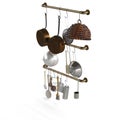 A 3d rendering of pots and pans hanging on a hook