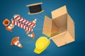 3d rendering of power cable bundle, yellow hard hat, construction barrier and orange cones flying out of cardboard box