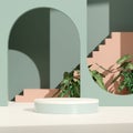 3D rendering product display podium with arches, plants, and geometrical stairs in the background