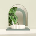 3D rendering product display podium decorated with arches and a green plant on a white background