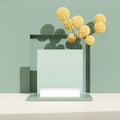 3D rendering product display rectangle podium with yellow flowers on a green background