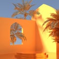 3D rendering product podium in minimal Oriental style: golden palms and yellow sunny walls with arch