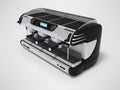 3D rendering professional coffee machine for three horns with digital display on gray background with shadow