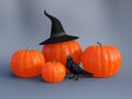 3D rendering of pumpkins with witch hat and a raven Royalty Free Stock Photo