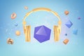 3d rendering of purple icosahedron floating between earcups of golden headphones on light blue background with other