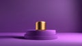 3d rendering of a purple podium with a golden cylinder on a violet background