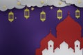 3D Rendering Of Purple Wall, Mosque Red and White, Stars, Lampions and Ramadhan Theme.