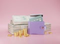 3d rendering purple Wallet with cash, credit cards and gold coins on pink background. Stack coins and purple purse. Cashless