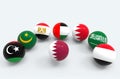 3d rendering. Qatar country flag surround by some middle east country flags sphere balls on gray background.