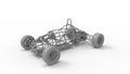 3D rendering of a race car frame chasis made out of tubes and pipes isolated in white studio background.