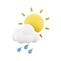 3d rendering rain with cloud and sun icon. 3d render weather sun with rain drops and cloud. Rain with cloud and sun
