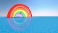 3D rendering of a rainbow on the left side casting shadows over an ocean reflecting the colors of the arcs Royalty Free Stock Photo