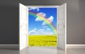 3D rendering of the rainbow in over the field viewed behind the open white doors Royalty Free Stock Photo