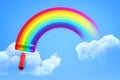 3d rendering of rainbow painted with paint roller in blue sky with both ends in white clouds. Royalty Free Stock Photo