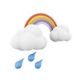 3d rendering rainbow with rain and clouds icon. 3d render rainy and cloudly weather with rainbow icon. Rainbow with rain
