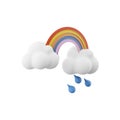 3d rendering rainbow with rain and clouds icon. 3d render rainy and cloudly weather with rainbow icon. Rainbow with rain