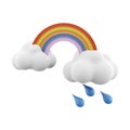 3d rendering rainbow with rain and clouds icon. 3d render rainy and cloudly weather with rainbow icon. Rainbow with rain