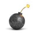 3d rendering of a realistic black iron round bomb with a lit burning fuse on white background.