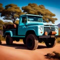 3D Rendering Realistic Blue Jeep With Wild Background