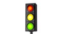 Close up green, yellow and red traffic lights in side view.