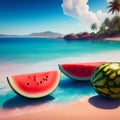 3D Rendering Realistic Fresh Watermelons On the Beach Sand With Sea Summer View