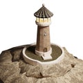 3D rendering of realistic lighthouse on rock with burning searchlight. Navigation difficult area. Realistic PNG illustration