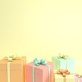3d rendering of realistic pink, yellow, orange, turquoise and violet gift box with ribbon bow on yellow background. Empty space Royalty Free Stock Photo