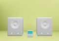 3D rendering of realistic speakers and mini mp3 player white at Home theater design minimal illustration rendering on a green Royalty Free Stock Photo