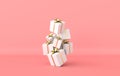 3d rendering of realistic white gift box with golden ribbon bow on pink studio background. Empty space for party, promotion social