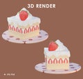 3d rendering of rectangular three-layer strawberry cake