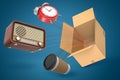 3d rendering of red alarm clock, vintage retro radio and paper coffee cup flying out of cardboard box on blue background Royalty Free Stock Photo