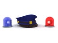 3D Rendering of red and blue police lights and police hat in middle