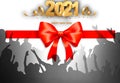 3D rendering of 2021 with a red bow against a white background with partying people's outline on it