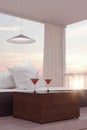 3d rendering of red cocktails on rattan table in the evening sun