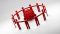 3D rendering of the red covid-19 coronavirus surrounded by a group of red silhouettes of people. The idea of the danger of