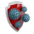 3D rendering of red crystal viruses and bacteria attack strong shield. Prevention of infection with dangerous diseases. Realistic Royalty Free Stock Photo