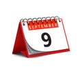 3D rendering of red desk paper autumn month of September 9 date - calendar page isolated on whit