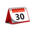 3D rendering of red desk paper autumn month of September 30 date - calendar page isolated on whit