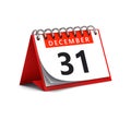 3D rendering of red desk paper december 31 date - calendar page