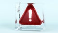 3D rendering of a red exclamation mark in ice cube, stop alert and warning, a crash occurred and notifications were interrupted