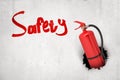 3d rendering of red fire extinguisher breaking white wall with red `Safety` sign on white background Royalty Free Stock Photo