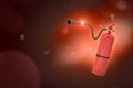 3d rendering of red fire extinguisher on red gradient bokeh background with copy space.