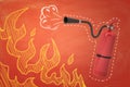 3d rendering of red foam fire extinguisher with foam and fire flames drawn on orange background