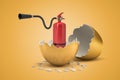 3d rendering of red foam fire extinguisher hatching out of golden egg on yellow background Royalty Free Stock Photo