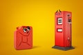 3d rendering of red gasoline can and red filling station with cartoon smiley faces on yellow background Royalty Free Stock Photo