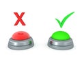 3D Rendering of red and green buttons with check mark and x mark above Royalty Free Stock Photo