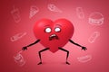 3d rendering of red heart with arms, legs and scared cartoon face, with 2D junk food around it on red background. Royalty Free Stock Photo