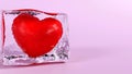 3D rendering of a red heart in ice cube, frozen heart, unfulfilled in love, cold heart on color background, Broken heart concept