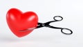 3D rendering red heart with scissors cut, a divorce, broken relationship, lost love and feeling concept