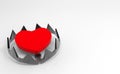 3d rendering. Red heart on teeth jaw trap on white background. Risk in love concept